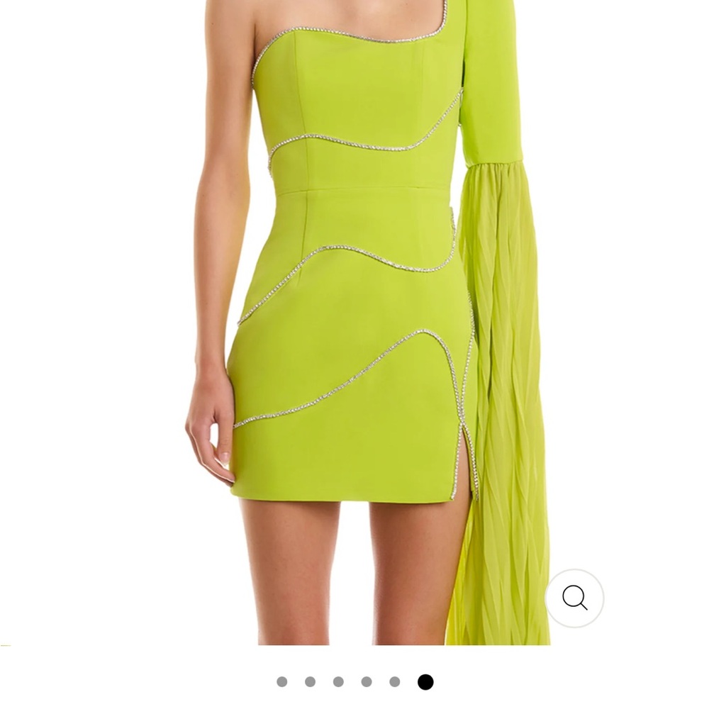 One-Shoulder Neon Lime Midi Dress with Draped Sleeve - Picture 3 of 6